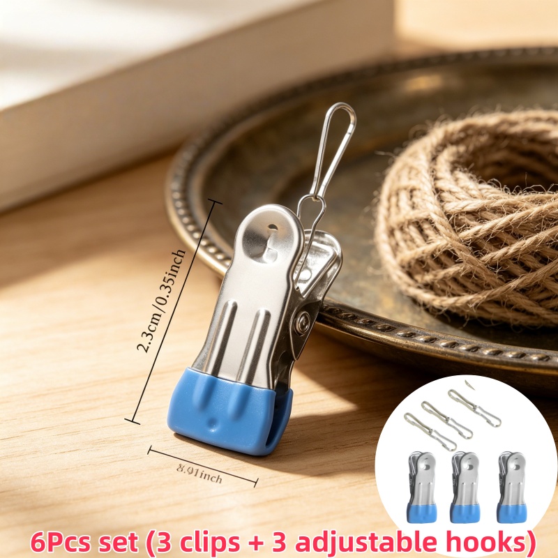 TEMU 6pcs Set (3 Clips + 3 Adjustable Hooks) Stainless Steel Sock Clips | Multifunctional Windproof Clips Suitable For Socks And Towels, Portable