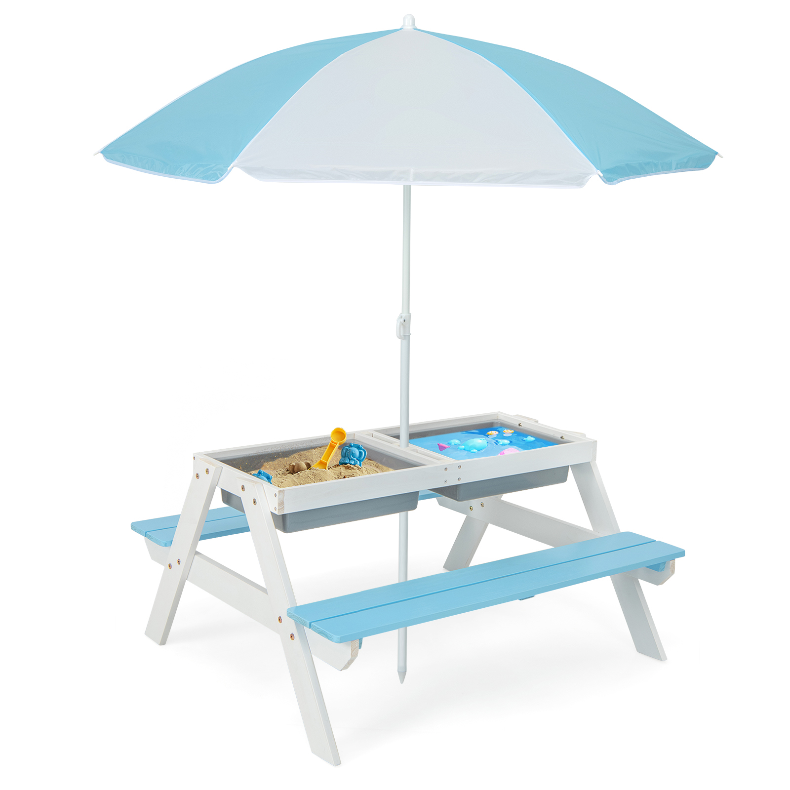 Image of 3-in-1 Kids Table Set, Table With Removable Tabletop, Adjustable Umbrella, Outdoor Wooden Bench And Table Set For Patio, Garden, Backyard