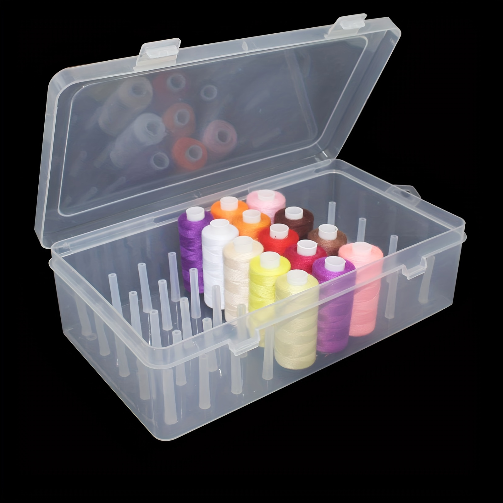 heavy duty sewing thread organizer box with   42 compartment storage case transparent compartments for spools threads needles space saving craft room sewing machine travel organizer durable plastic construction ideal for sewing knitting quilting embellishments   home classroom or on the go sewists sewing machine accessories craft room essentials functional design sturdy construction home organizers   reinforced compartments