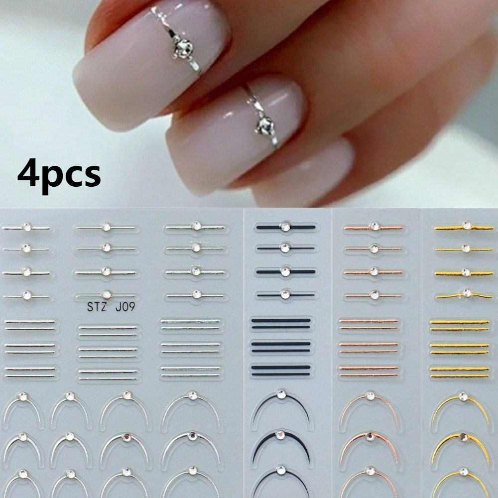 Image of 4pcs Nail Art Stickers - Glossy Self-adhesive Nail Decals With Striped Wave & Curve Designs, Y2k Style, Single Use For Manicure & Pedicure, Nail Art Supplies, Fantasy Theme, Rhinestone Embellishments