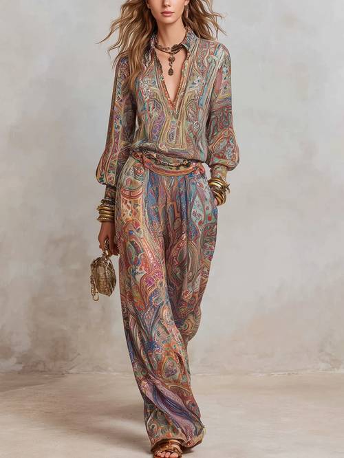 2pcs womens spring summer paisley print shirt and wide leg pants set fashionable retro ethnic showcasing romantic casual ideal for vacations light social occasions and other occasions