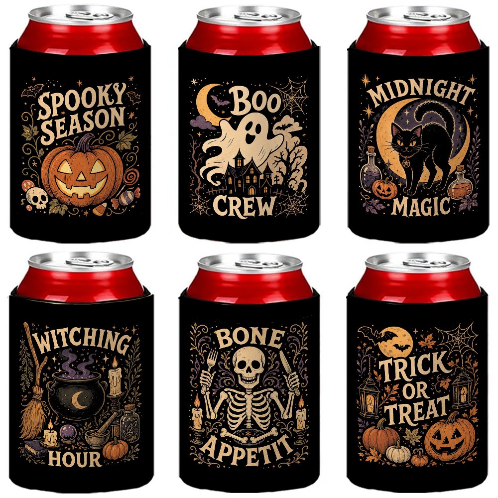 TEMU 6pcs Party Insulated Can Coolers - Non-food Contact Halloween Spooky Insulated Can Coolers 6-pack, Festival Essentials Drink Insulation Sleeves
