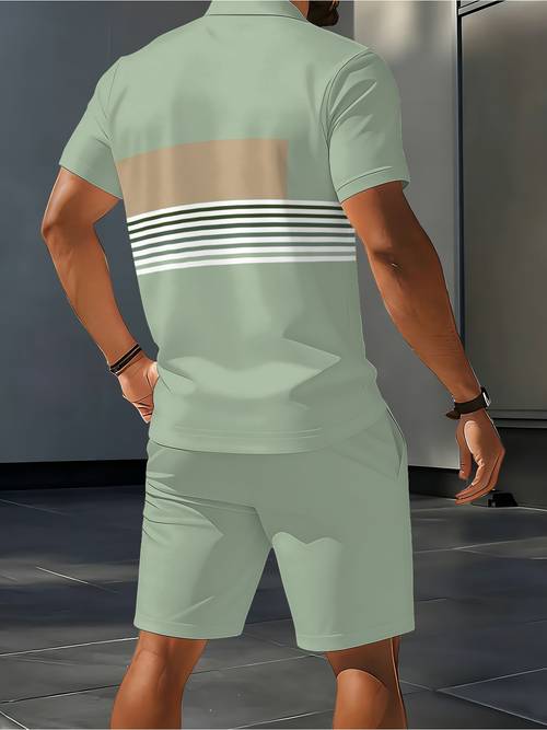 mens shirt short sleeve top and shorts two piece set light green summer casual 2pcs set for outdoor relaxation lightweight breathable stylish striped design for short sleeve and shorts set