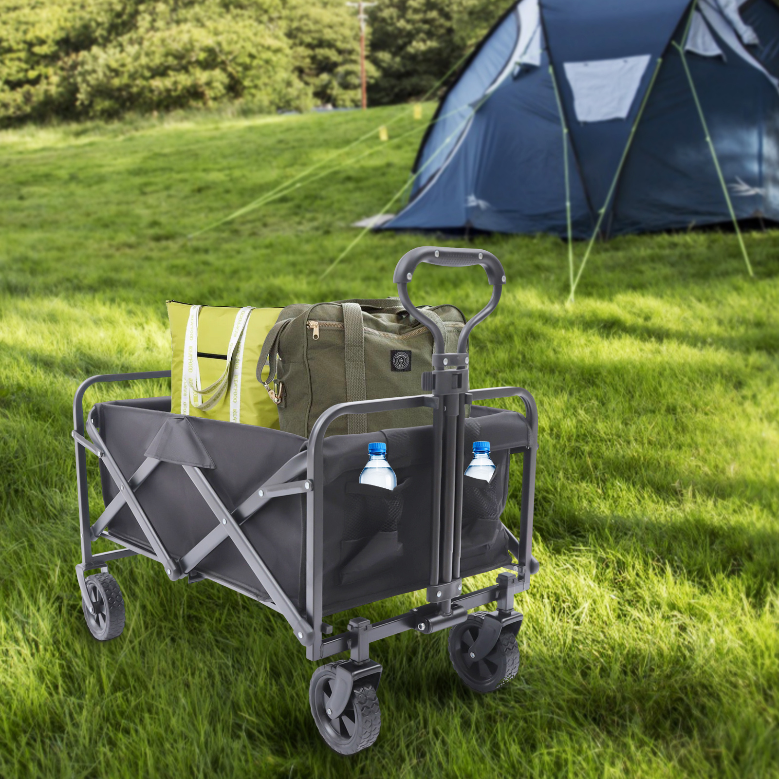 TEMU Foldable Folding Station Wagon Garden Car, Multifunctional Station Wagon, Atv, With 5 "rubber Wheels, Adjustable Handles And 2 Cup Holders, Used