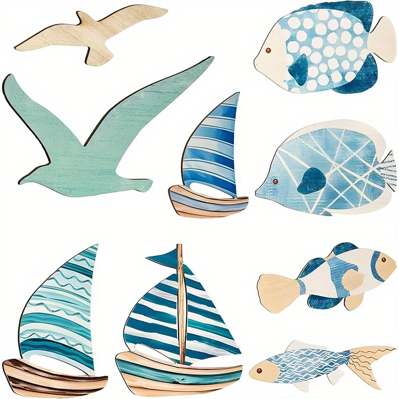 TEMU Ensemble de décoration murale 2D plat de 9 pièces sur le thème des voiliers en bois, sculpture murale d'art marin sur le thème de et de la plage