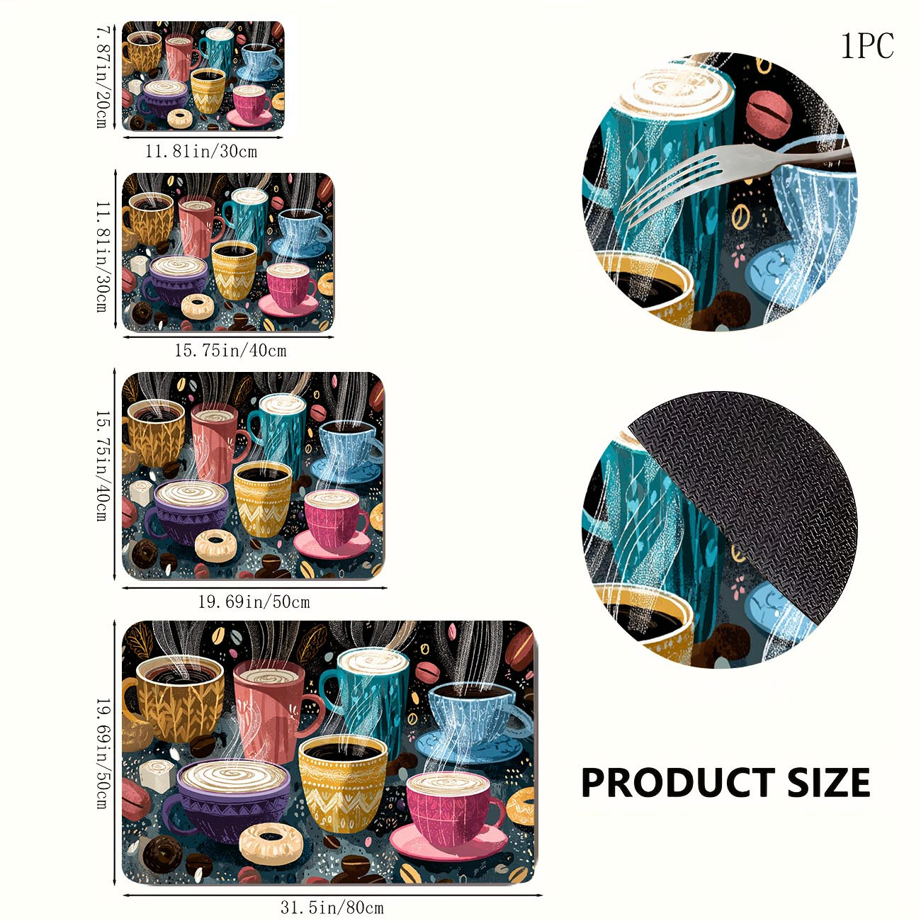 TEMU 1pc Super Absorbent Quick-dry Non-slip Kitchen Mat - Floral Coffee Cup With Dessert Pattern, Non-slip Base, Suitable For Coffee Bar, Sink,