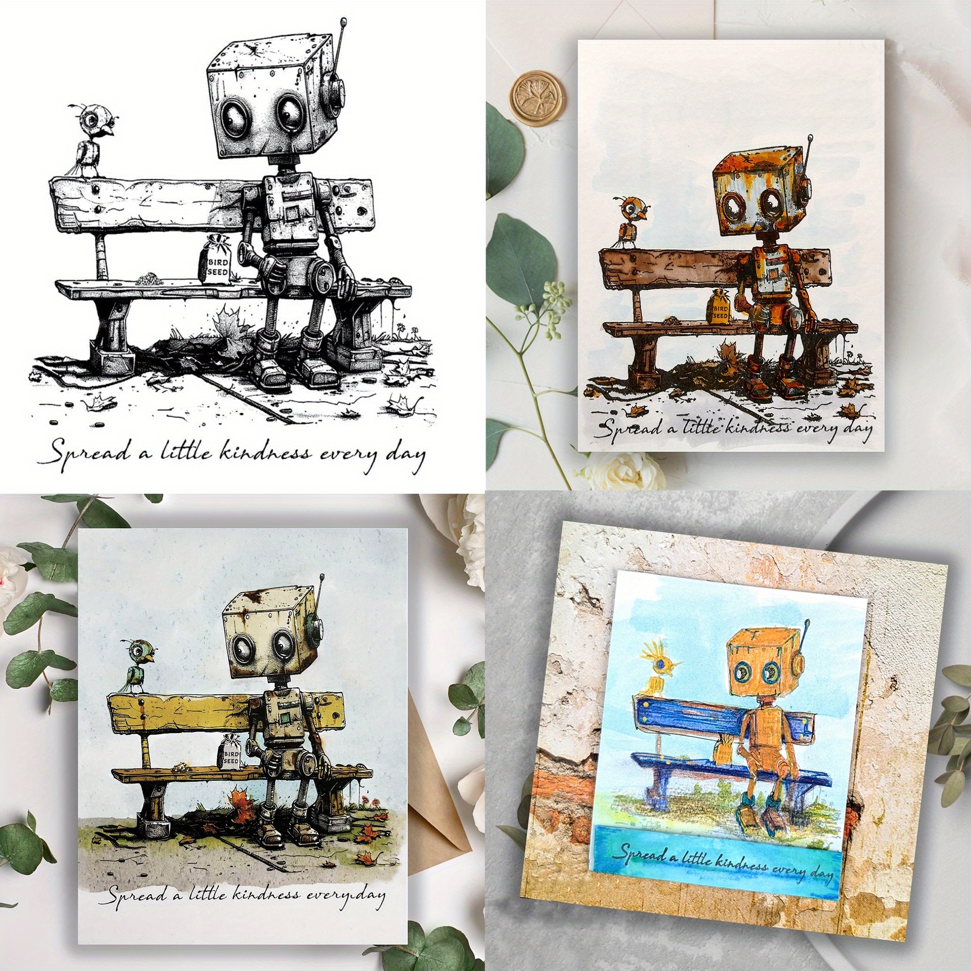 

1 Set Of Silicone Rubber Stamps For Diy Crafts And Scrapbooking - "spread A Little " Robot And Bird Clear Stamp Set For Paper Card Making And Photo