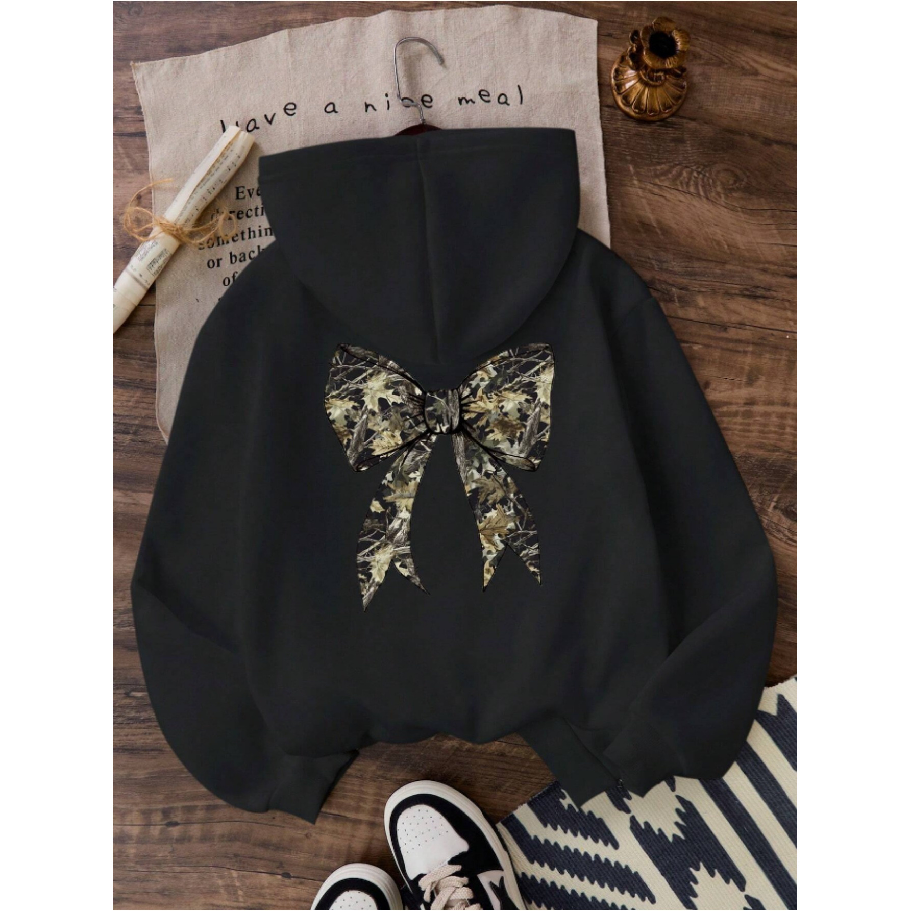 [Casual Hooded Sweatshirt] Casual Women's Hooded Sweatshirt | 260gsm Knit Fabric, Cartoon Bow & Camo Print, Adjustable Drawstring Hood, Cozy Fall Winter Pullover, Machine Washable, Durable Pullover, Sweater Hoodie, Autumn Apparel