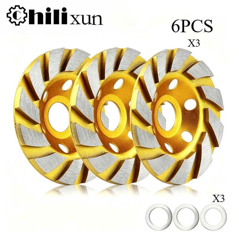 TEMU Hilixun 6pcs (including 3pcs Sanding Discs And 3pcs 16mm Rings) 4-inch Concrete Stone Ceramic Turbine Diamond Grinding Cup Wheel, 12-tooth Heavy