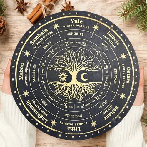 2d flat wiccan calendar pagan altar decoration with 12 season wheel celtic tree of life and zodiac signs moon phases chart for witchcraft and spiritual practice 2d flat