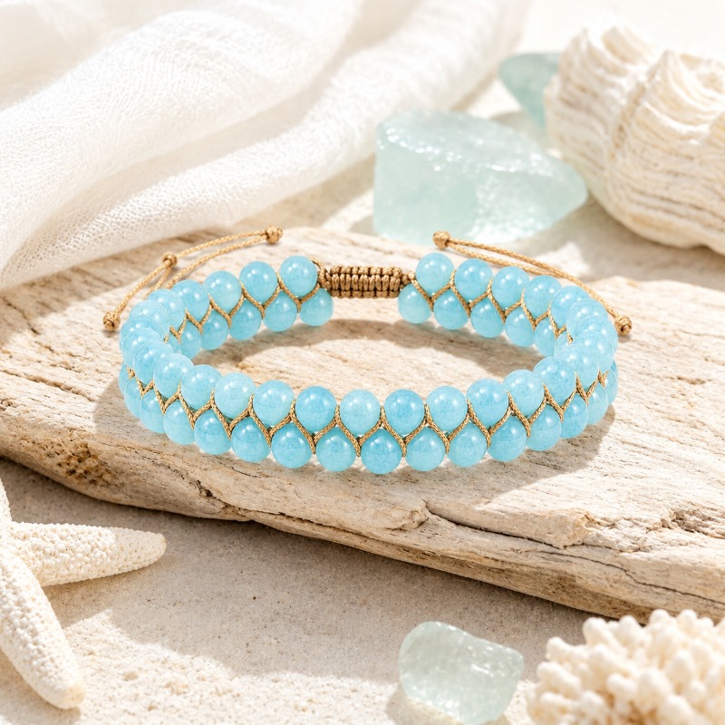 Ice Blue Natural Stone Double-Layer Woven Bracelet, Unisex