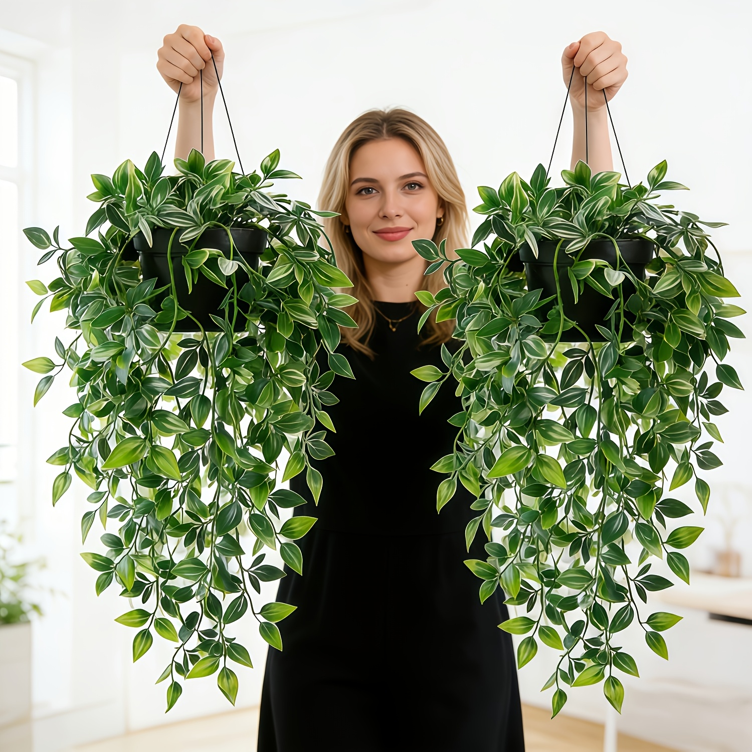 2pcs large artificial hanging green plant with realistic mandala leaves   room office bathroom shelf decor wedding birthday arrangement   greenery decoration