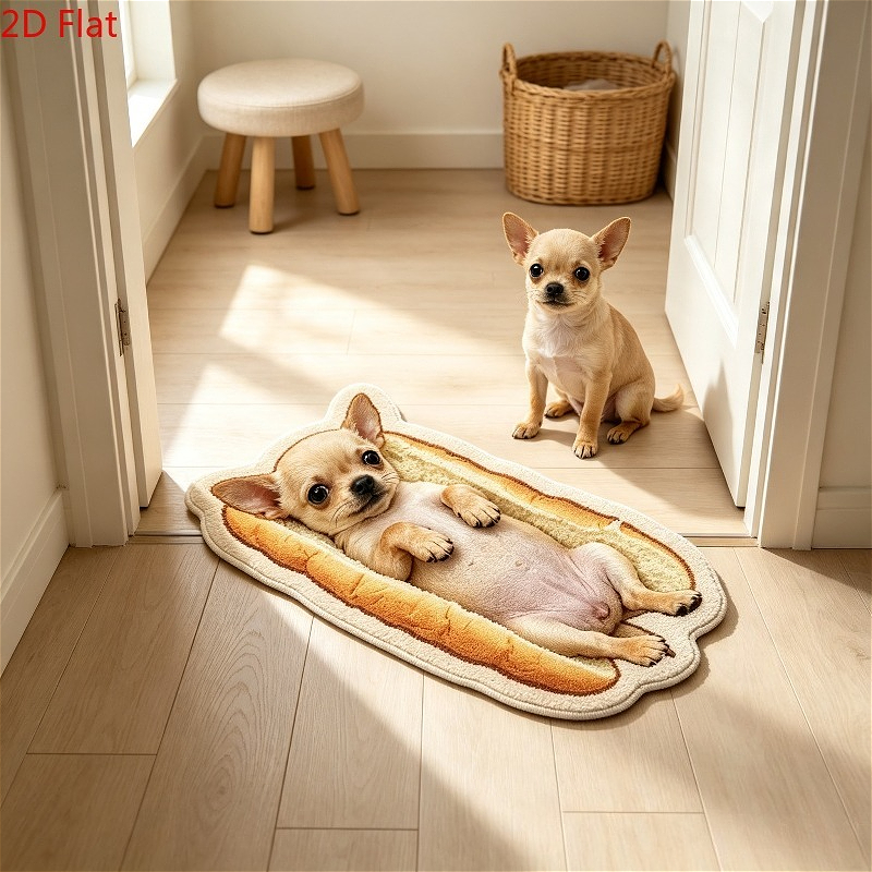 TEMU Velvet 900g 9mm 2d Flat Cute Hot Dog Chihuahua Shaped Carpet Creative Puppy Print Entrance Door Non-slip Carpet Cartoon Pet Bedroom Bedside Long