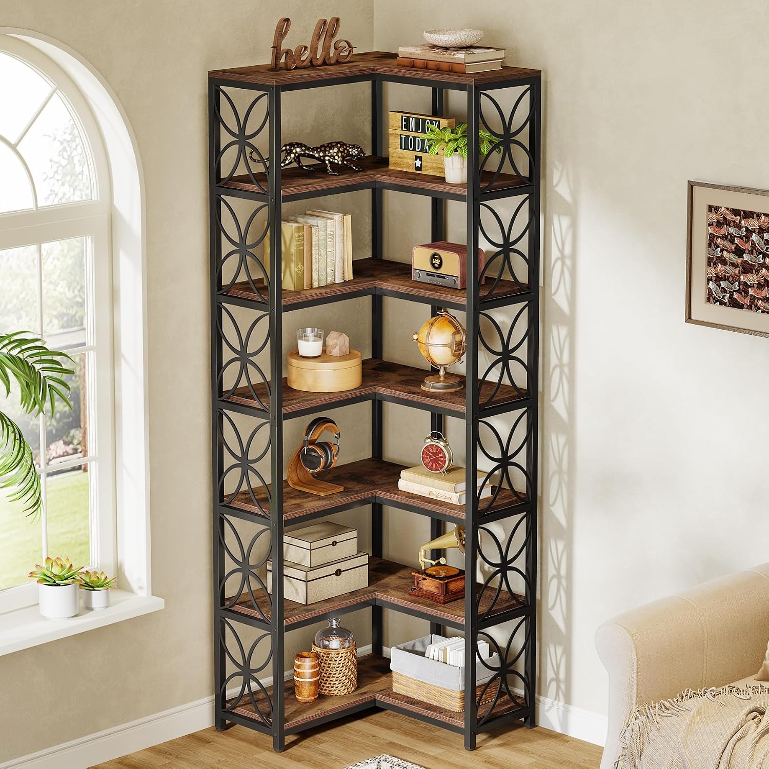 7-tier L-shaped Corner Bookshelf, Rustic Brown And Black | Wood With Metal Frame, 200cm Tall, Freestanding Corner Shelving Unit For Living Room, Kitchen, Office