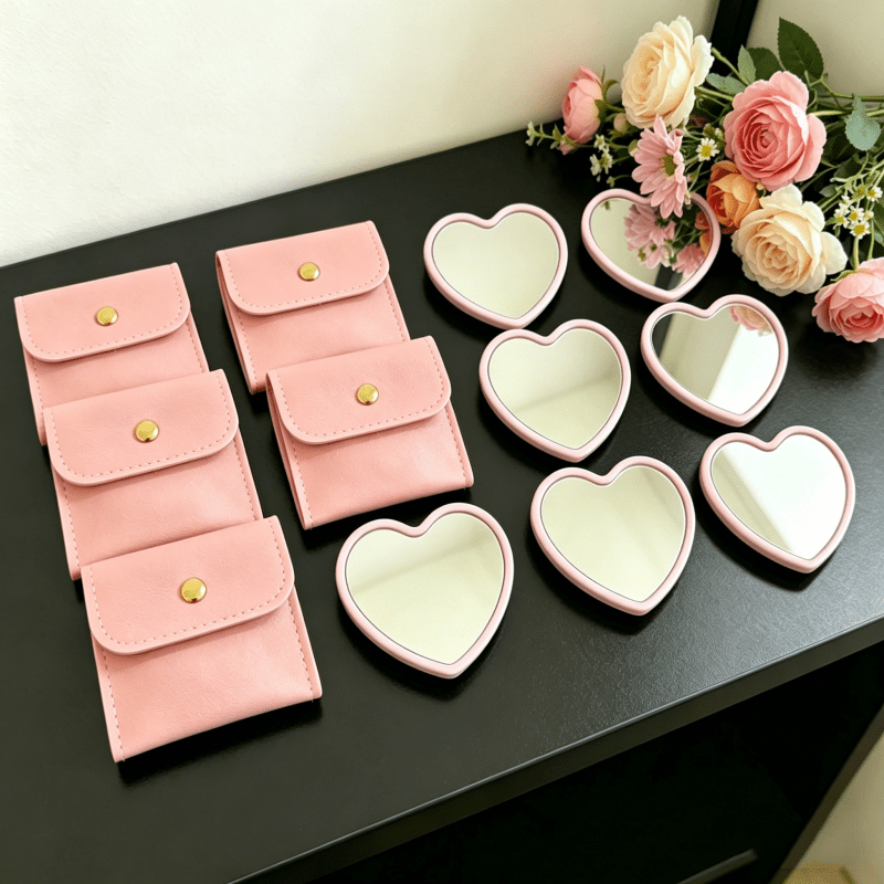 Travel 10pcs Heart-Shaped Portable Mirrors with Cosmetic Bags