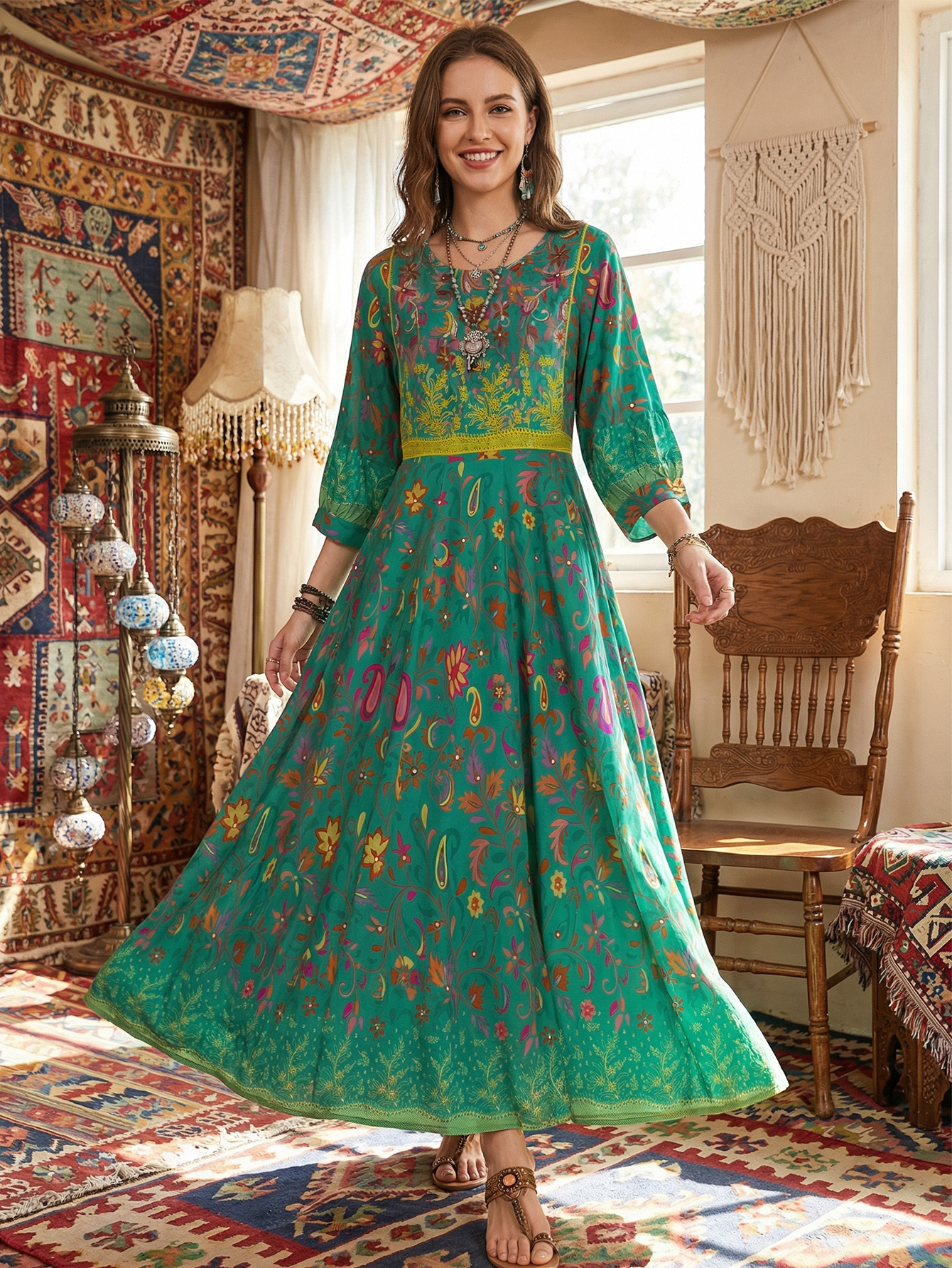 knee length dresses for ladies Women's Gianna Embroidered Yellow Long Maxi Dress main image 0