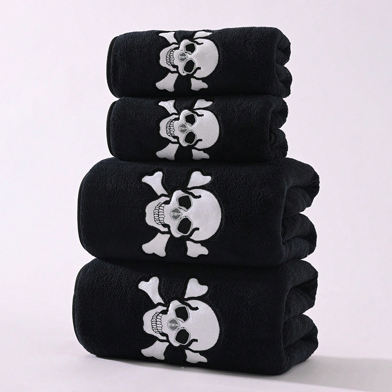 E-shop 2er-/4er-Set, Handtuch 34*75cm, Badetuch 70*140cm, Halloween-Thema, Schwarzer Totenkopf, Skelett, Muster, Besticktes Handtuch, Mikrofaser-,