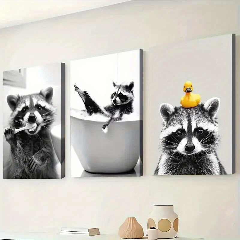 TEMU Tableaux plats 2D, Tableaux plats 2D, Art mural sur toile encadrée 3 pièces - de raton laveur et blanc avec de salle de bain, Décor animalier