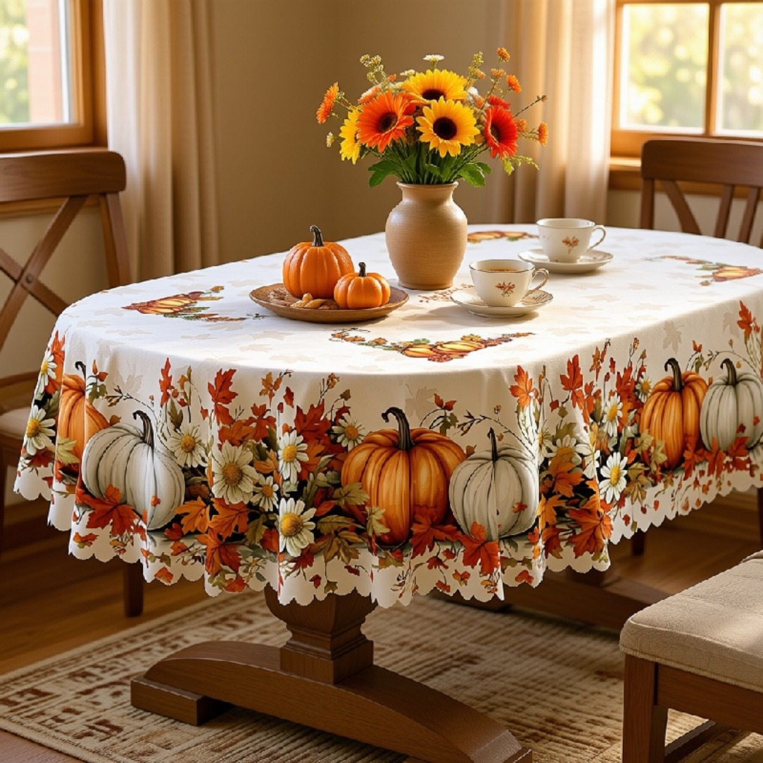 TEMU 2d Flat Tablecloth, Vintage Pumpkin Tablecloth, White And Orange Autumn Pumpkin, Maple Leaf, And Daisy Print Round, Rectangular, And Oval