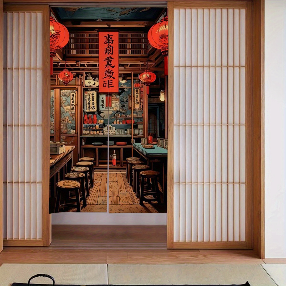 TEMU 1 rideau de porte style moderne japonais, 34 pouces x 56 pouces occultant pour couloir, décoration maison japonaise, rideau de salle de bain ou