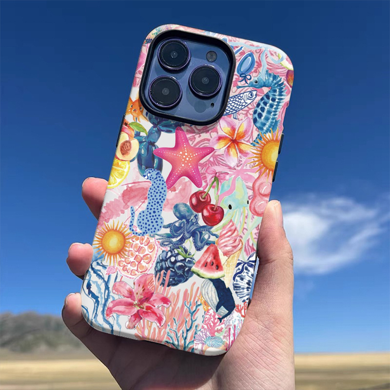 TEMU Phone Case - Summer Phone Cover For Iphone 16 Pro Max, 15 Pro, 13, 11, 12, Xs, 8 Plus, And 7, Glossy 2-in-1 Design