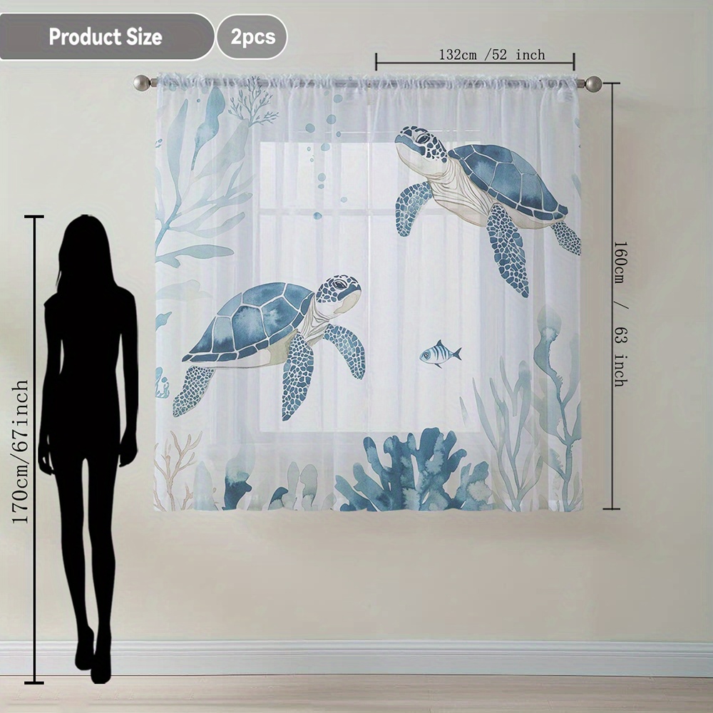 TEMU 2pcs Sea Turtle Swimming Fish Ocean Decor Sheer Curtains, Rod Pocket Curtain Panels, Flowy Sheer Drapes Suitable For Kitchen Room Balcony Garden