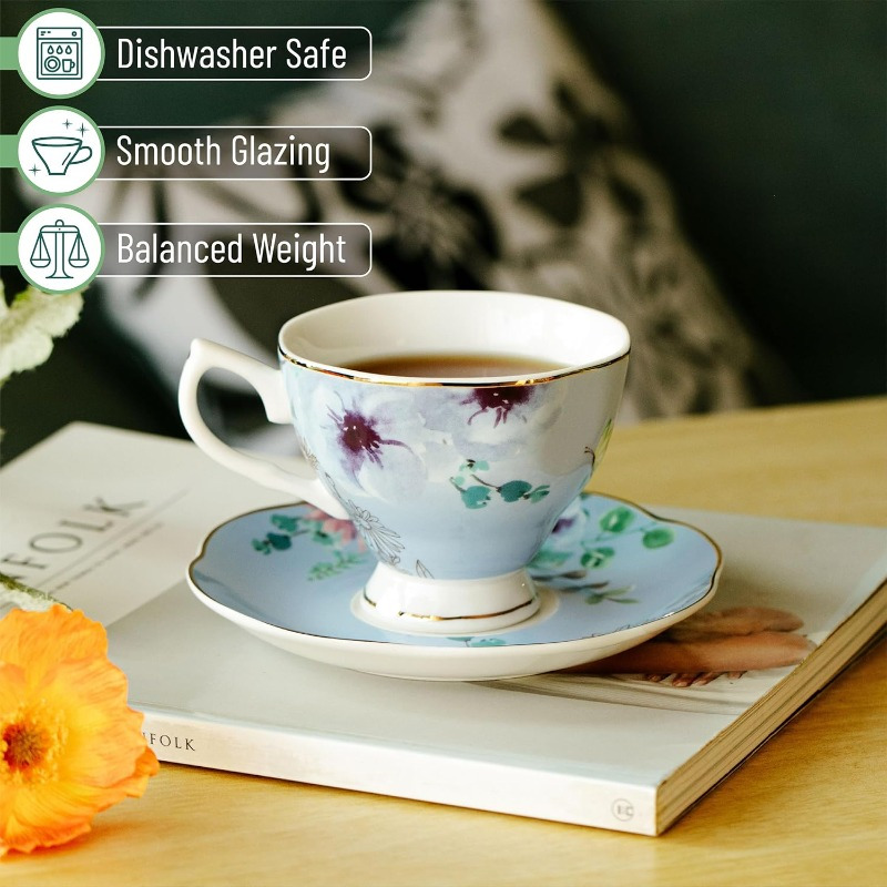 btat floral tea cups and saucers set of 6 8oz porcelain tea cups set of 6 pastel flower   with   dishwasher safe, tea cup and spoon set, porcelain tea cup, chinese tea ware, tea spoon set, tea cup set with spoon, home dining,  , elegant saucers,  , durable saucer,  , saucer set, tea accessories, home  ,  , coffee bar accessorie, coffee spoon, coffee scoop Product details 4