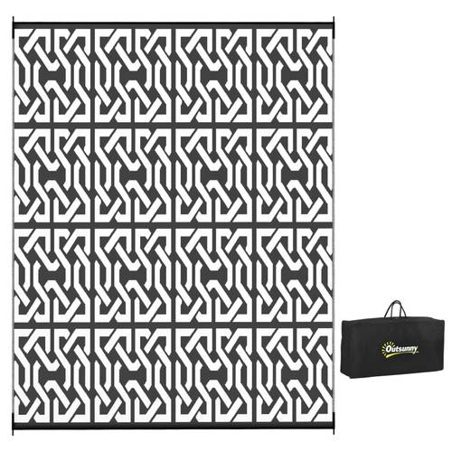 8x10 reversible waterproof outdoor rug durable plastic straw rv camping mat with carry bag black white chain pattern reinforced edges non slip for backyard deck waterproof picnic blanket picnic floor covering stylish deck decor
