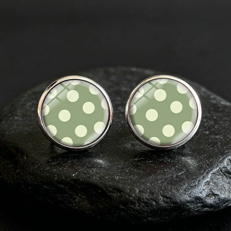TEMU 1 Pair Fresh Matcha Dot Round Stud Earring Glass Dome Men's Earrings Stainless Steel Jewelry, Without Battery