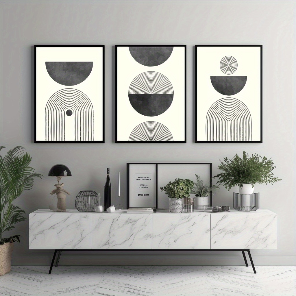 2d flat 2d flat a set of three framed canvas art prints featuring minimalist geometric designs in gray beige and black ideal for enhancing the decor of your living room office or home this modern wall art   with a wooden frame