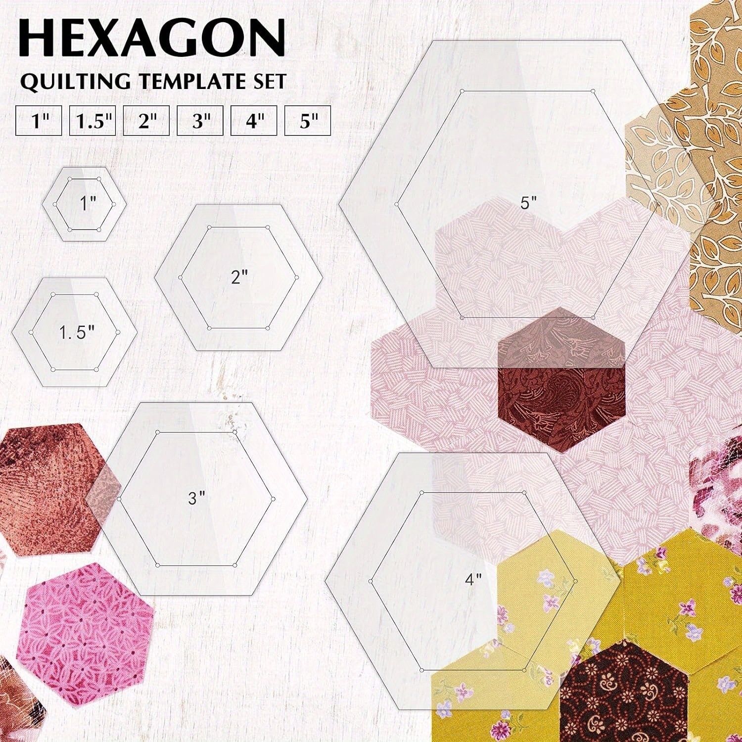 TEMU 6pcs, A Set Of 6 Acrylic Hexagonal Quilting Templates In Sizes 1inch, 1.5inch, 2inch, 3inch, 4inch, And 5inch, Quilting And Sewing Projects,