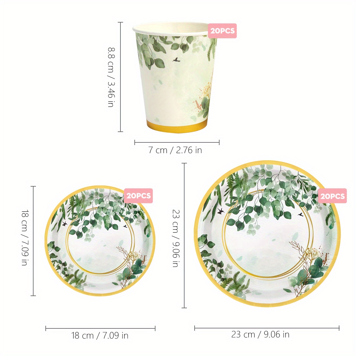 Image of 60pcs, 20pcs 7-inch And 9-inch Paper Plates And Cups, Eucalyptus Leaf Disposable Tableware, Party Decoration Disposable Paper Plates And Cups, Family Gatherings, Birthday Parties, Picnics