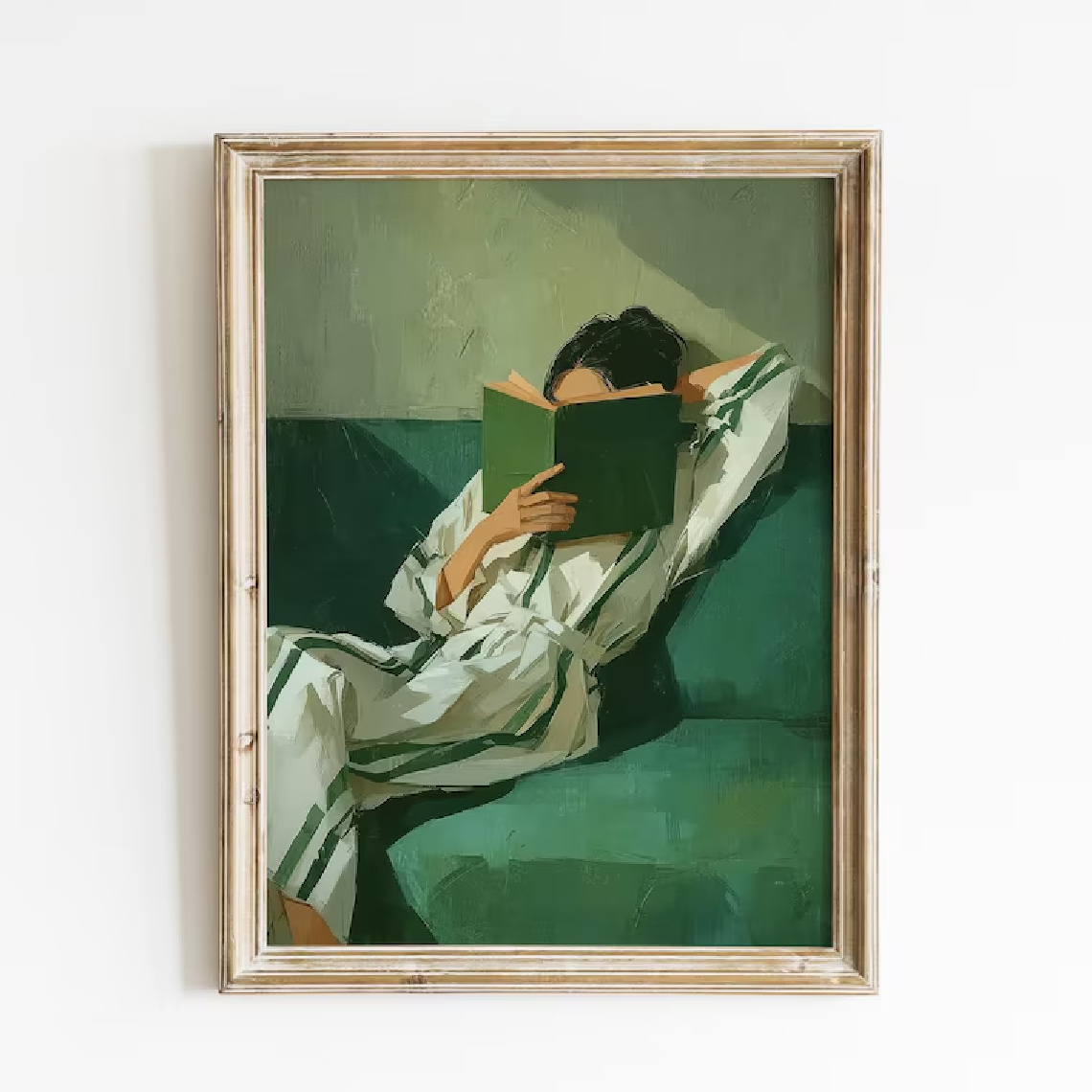 2d flach, 2d flach, leinwandbild mit einem retro-poster einer frau, die in smaragdgrün liest, entworfen im minimalistischen abstrakten stil.   zum dekorieren von schlafzimmern und wohnzimmern. dieser rahmenlose druck ist   ideales einzugsgeschenk.