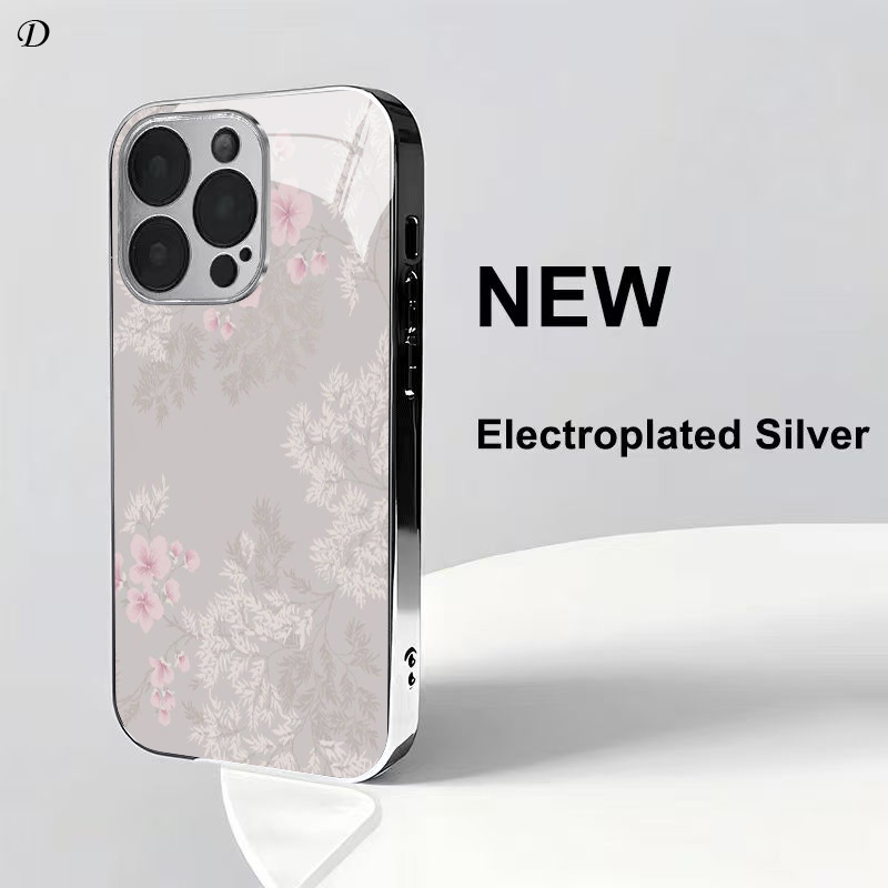 TEMU Phone Case - The Light Gray Floral Pattern Features Electroplated Glass For Iphone 16, 16 Plus, 16 Pro, 16 Pro Max, 17, 17 Pro, 17 Pro Max, 17