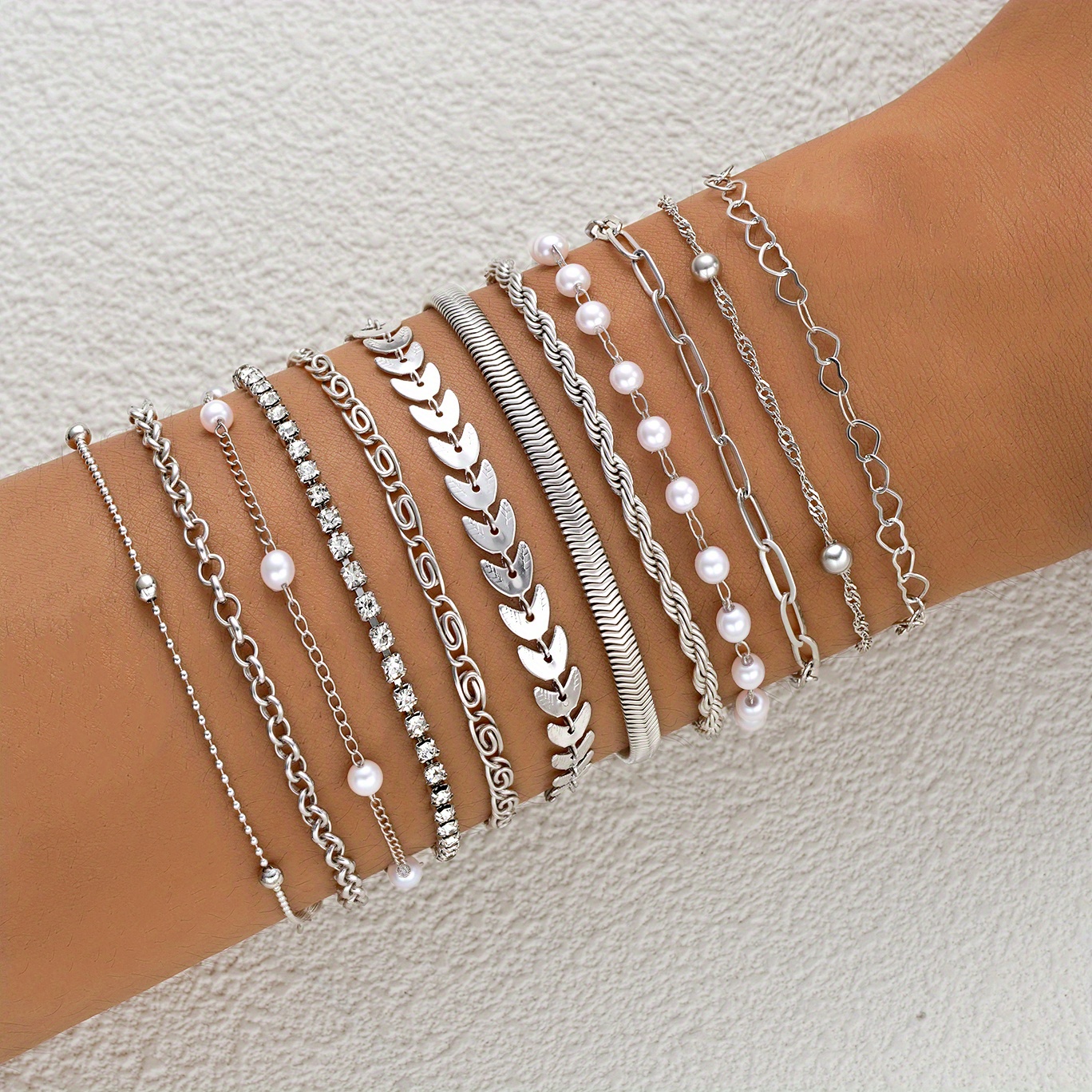 Image of 12pcs Women's Bracelet Set Silvery Airplane Chain Snake Bone Chain Heart Pearl Gemstone Inlaid Matching