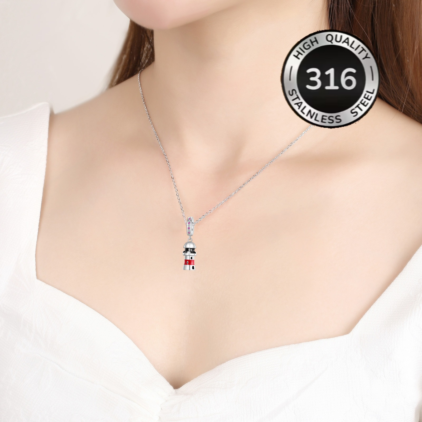 316 Stainless Steel Coastal Lighthouse Pendant Bead for DIY Jewelry
