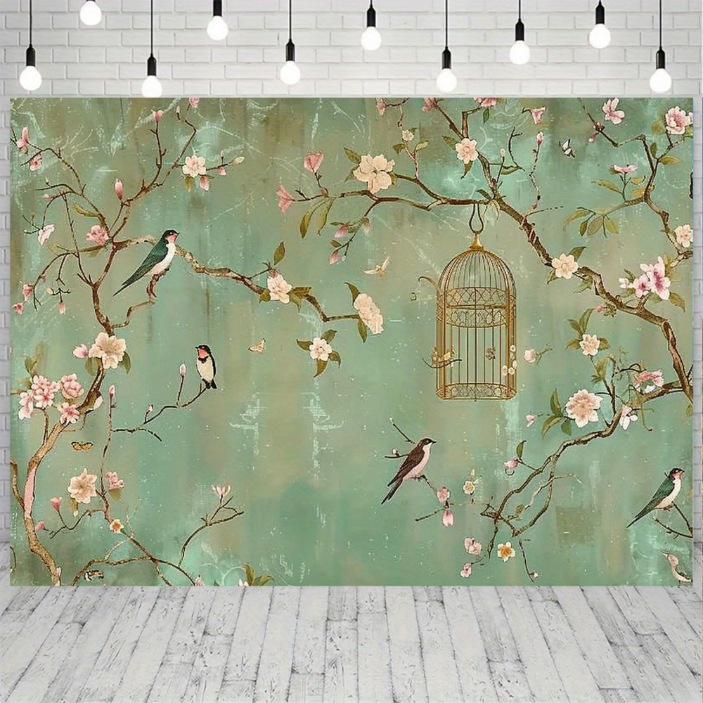 TEMU 1pc & Bird Cage Polyester Mural - Elegant Floral Wall Art With Birds And Blossoms For Living Room, Dining Area, Bedroom, Or Party Backdrop