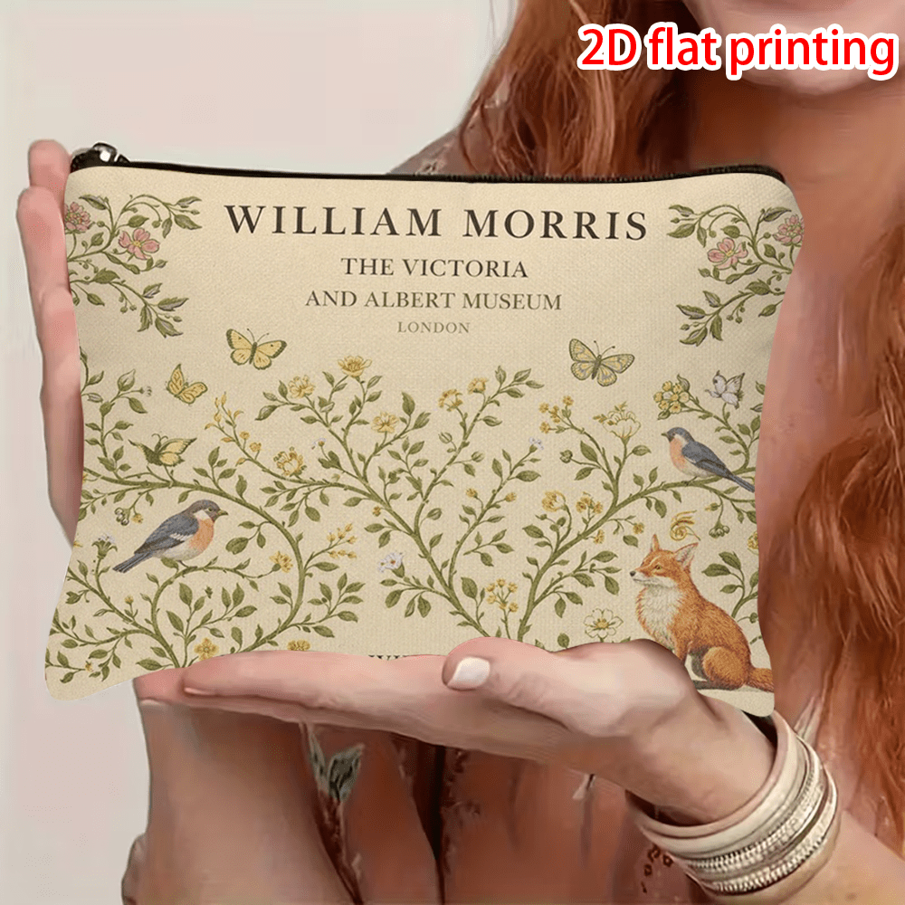 TEMU 1pc William -inspired 2d Flat Printing Floral And Design Beige Zippered Cosmetic Pouch, Portable And Compact For Travel Or Daily Use, Ideal Gift