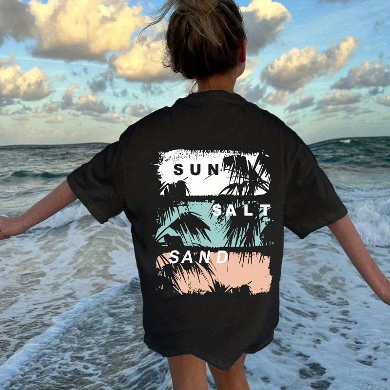 [Cotton T-Shirt] 100% Cotton Summer Tween Girls T-Shirt | Palm Tree Print Round Neck Short Sleeve, 180g