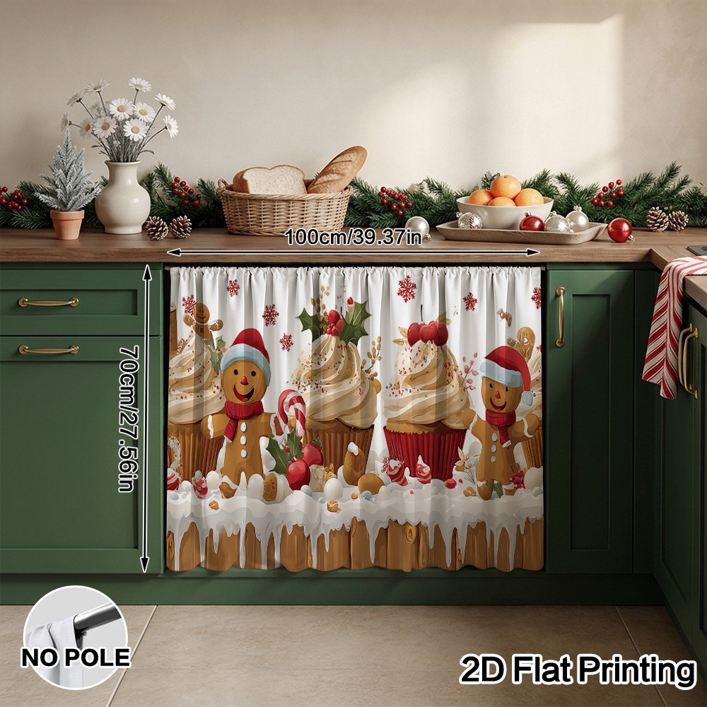 TEMU 2D Plat - 2D Plat, 1 rideau de comptoir de Noël avec motif de cupcakes d'épices, à ourlet, tissu en polyester lavable en machine, embellissement