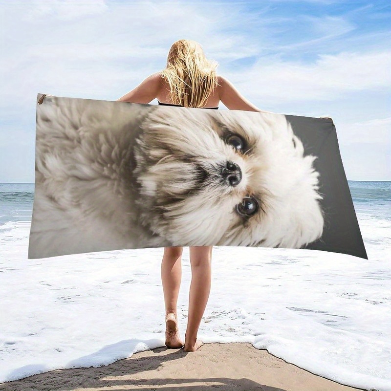 

1pc, 28x55 Inch, Cute Shih Tzu Print, Polyester Beach Towel, Quick-dry Bath Towel For Swimming Pool, Camping, Gym, Home Kitchen Decor, Square Weave