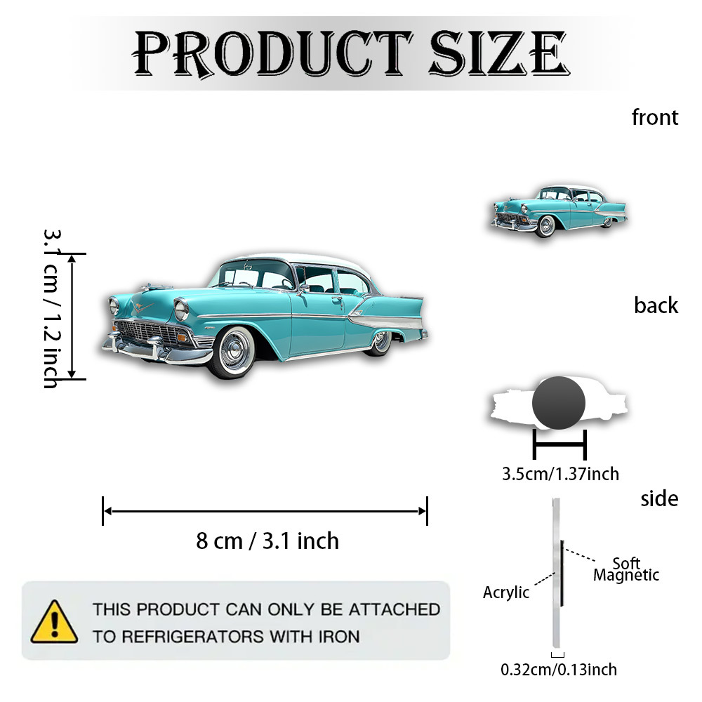 TEMU 1pc 2d Flat, Acrylic& Rubber Soft Magnet, Ride Nostalgia- Vibrant 1950s Turquoise Sedan With Chrome Accents& White Stripe- Perfect For Classic ,