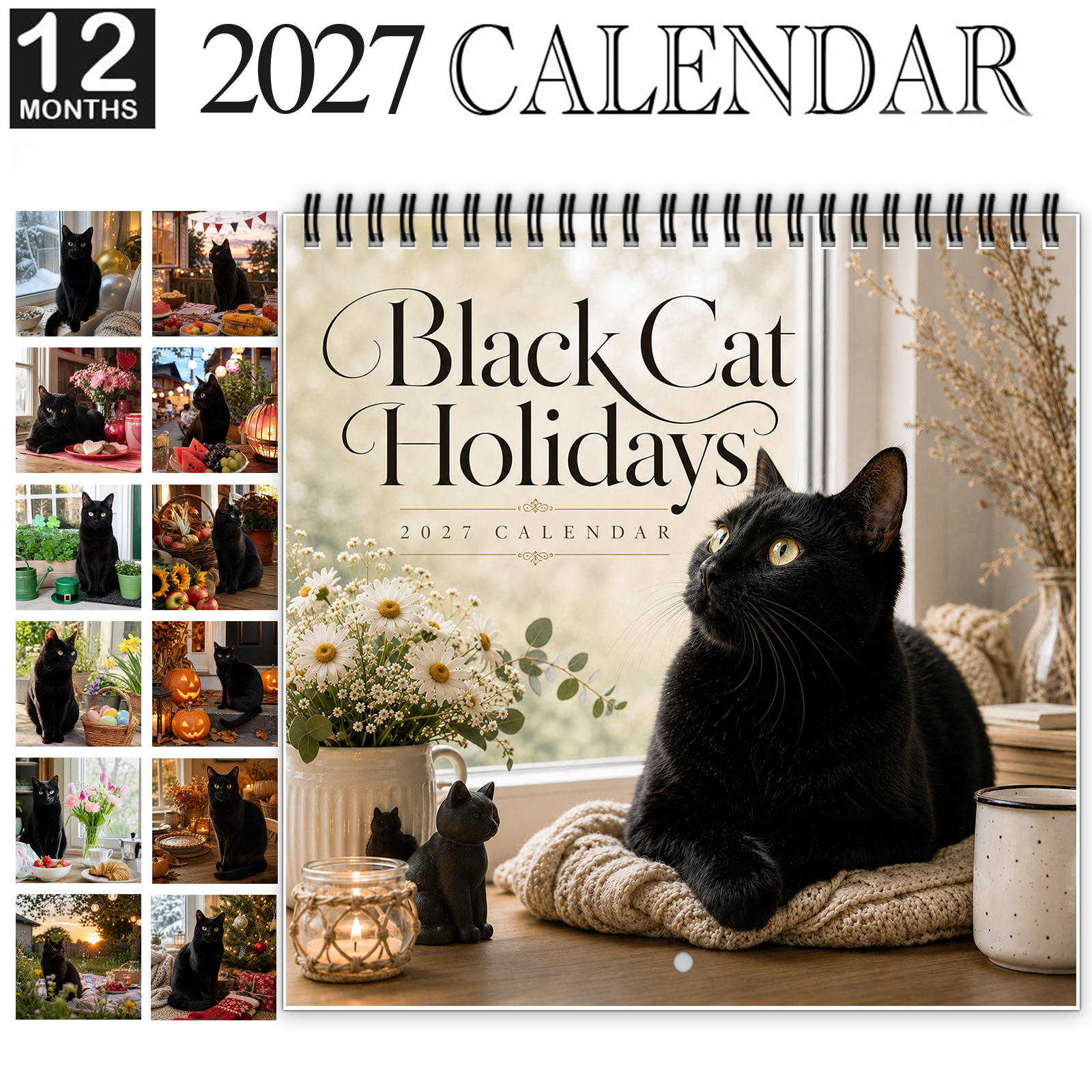 TEMU 1pc 2027 Black Cat Holiday Wall Calendar, Funny Holiday-themed Black Cats Monthly Planner With Spiral Binding And Thick Coated Paper, Cute