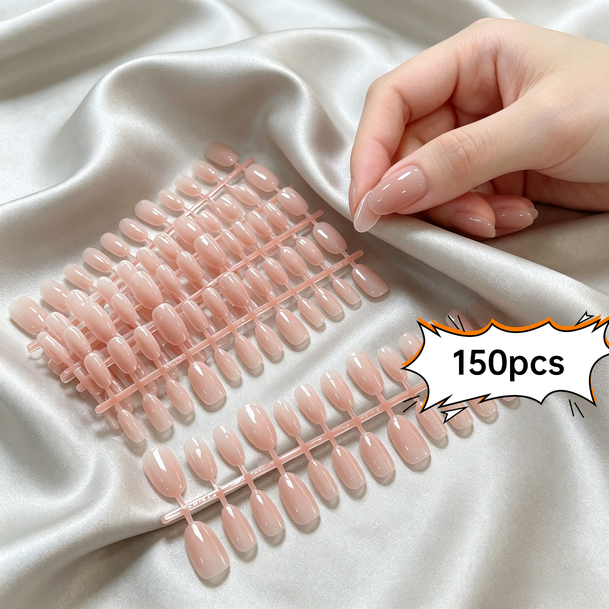 TEMU Série Naked, 150 faux ongles à coller, Kit de 150 faux ongles ovales nus brillants, d'ongles amandes roses nus, Faux ongles ovales à couverture