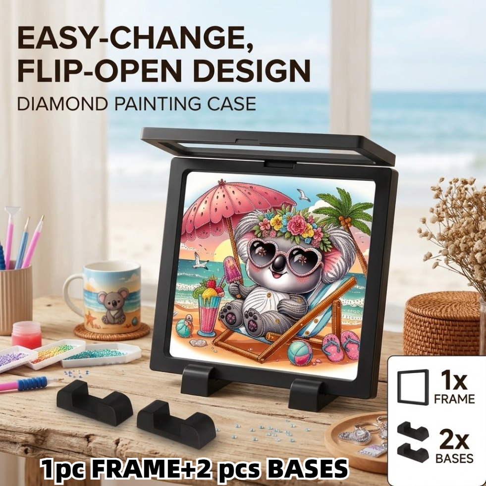 TEMU 3pcs Set Includes 1 Picture Frame + 2 Bases, Black Floating Diamond Painting Frame, Transparent Hd Film Frame, Design For Easy Artwork