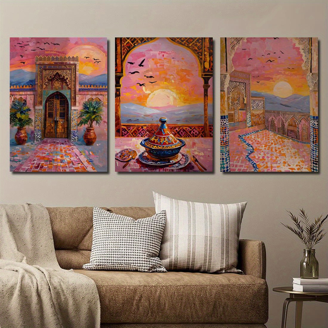 TEMU Wall DÃ©cor, 2d Flat Living Room Canvas 3pcs Of Moroccan Sunset Canvas Art Prints - Vibrant Pink And Orange , Complex Architecture, 2d Graphic