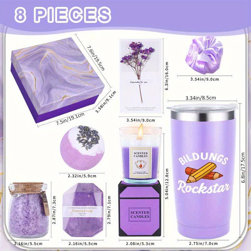 Poklon set od 8 komada: Izolirani čaša, pozdravna kartica, gumica za kosu, mirisna svijeća, kupaonski soli, kupaonski bombi, sapun, poklon kutija - Savršeno za sezonske proslave i unutarnju upotrebu