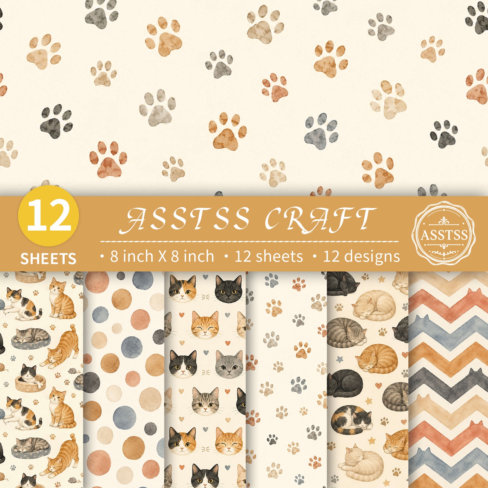 TEMU 12-sheet Asstss Heavyweight Scrapbooking Paper Pad Suitable For Journaling, Collage Art & Crafts - Neutral Vintage Watercolor Cat Paw Print,
