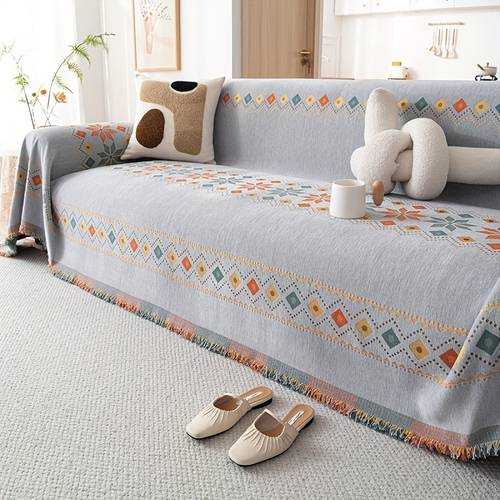 1pc bohemian style sofa cover with embroidered design turquoise chenille fabric fringe detail geometric patterns in orange red yellow living room or bedroom decor machine washable sofa covers for living room