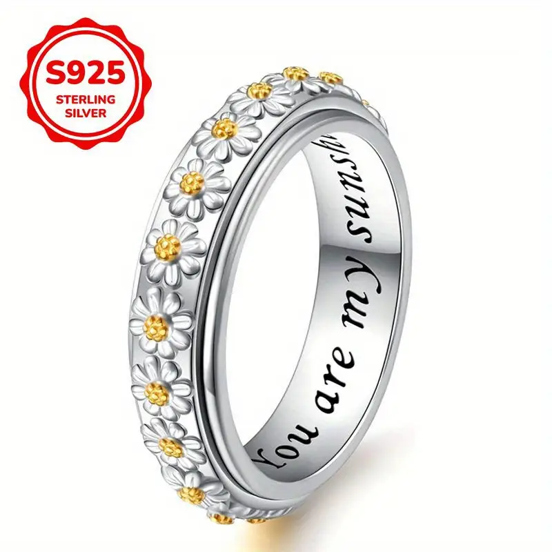trendy rotatable anxiety rings two tone 925 sterling silver rings for women casual holiday daisy flower rings jewelry Product details 0